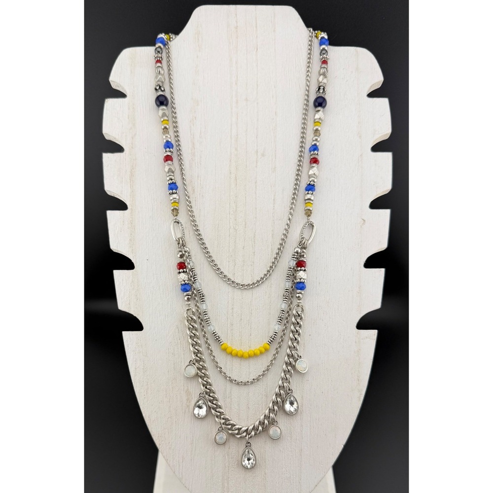 Premier Designs Layered Statement Necklace Silver Tone Multicolor Beaded Charms